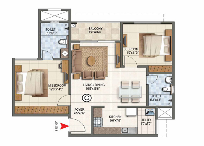 Prestige Huyilalu 1 BHK Floor Plan
