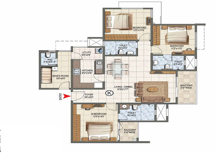 Prestige Huyilalu 3 BHK Floor Plan